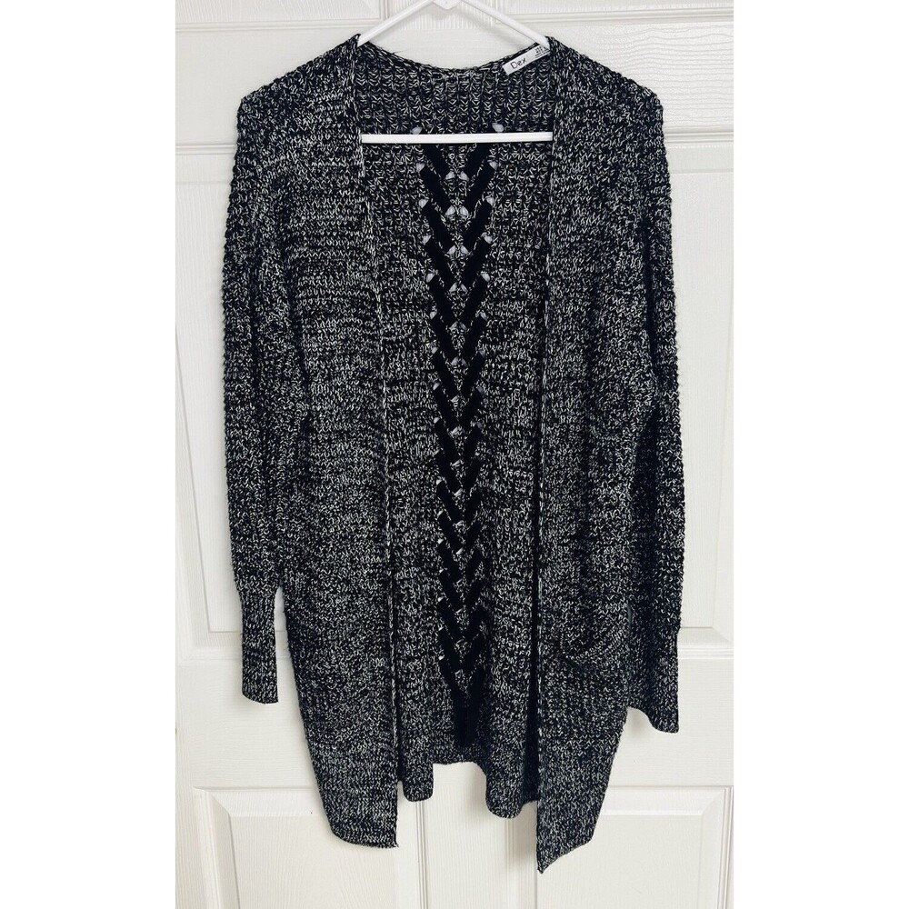 Women’s “Dex” Open Front Knit Sweater Cardigan Size Small Black White Pockets